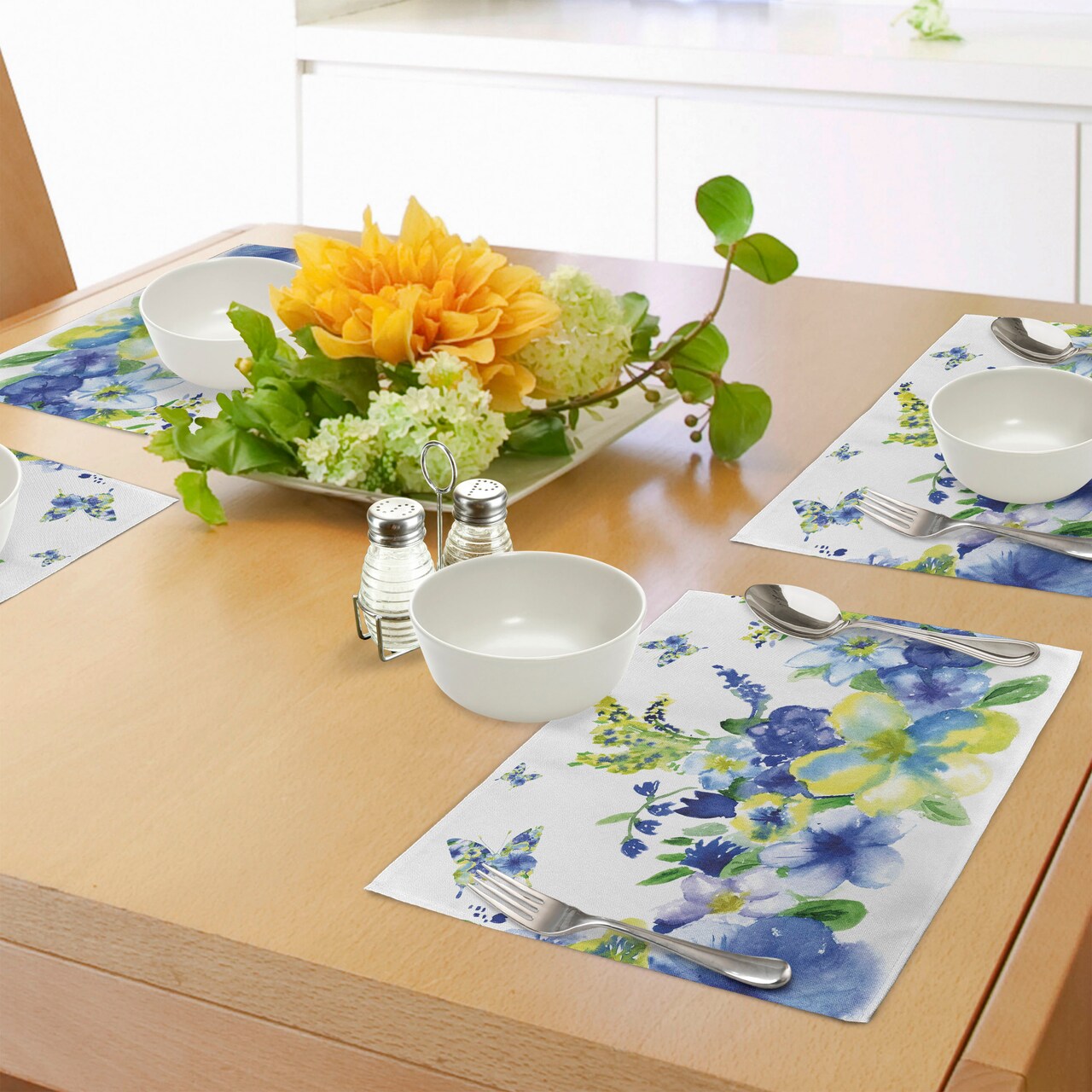 Ambesonne Yellow and Blue Place Mats Set of 4, Spring Flower Watercolor Flourishing Vibrant Blooms Design, Washable Fabric Placemats for Dining Table, Standard Size, Lime Green Royal Blue